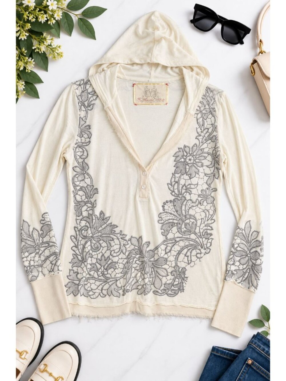 Johnny Was For Love And Liberty Womens Hooded Top Cream Medium 100% Cotton